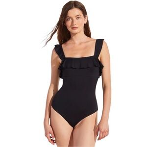 NWOT Eberjey So Solid Jane Black Ruffled One-Piece Swimsuit size small